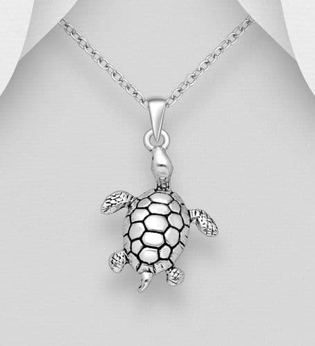 925 Sterling Silver Oxidized Turtle Pendant & Chain